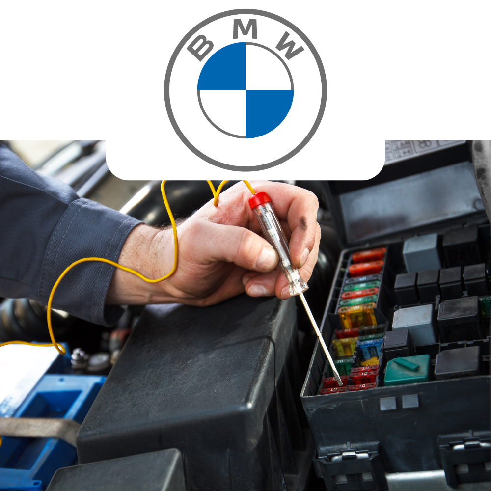 Person working on a car's fuse box with a BMW logo overlay