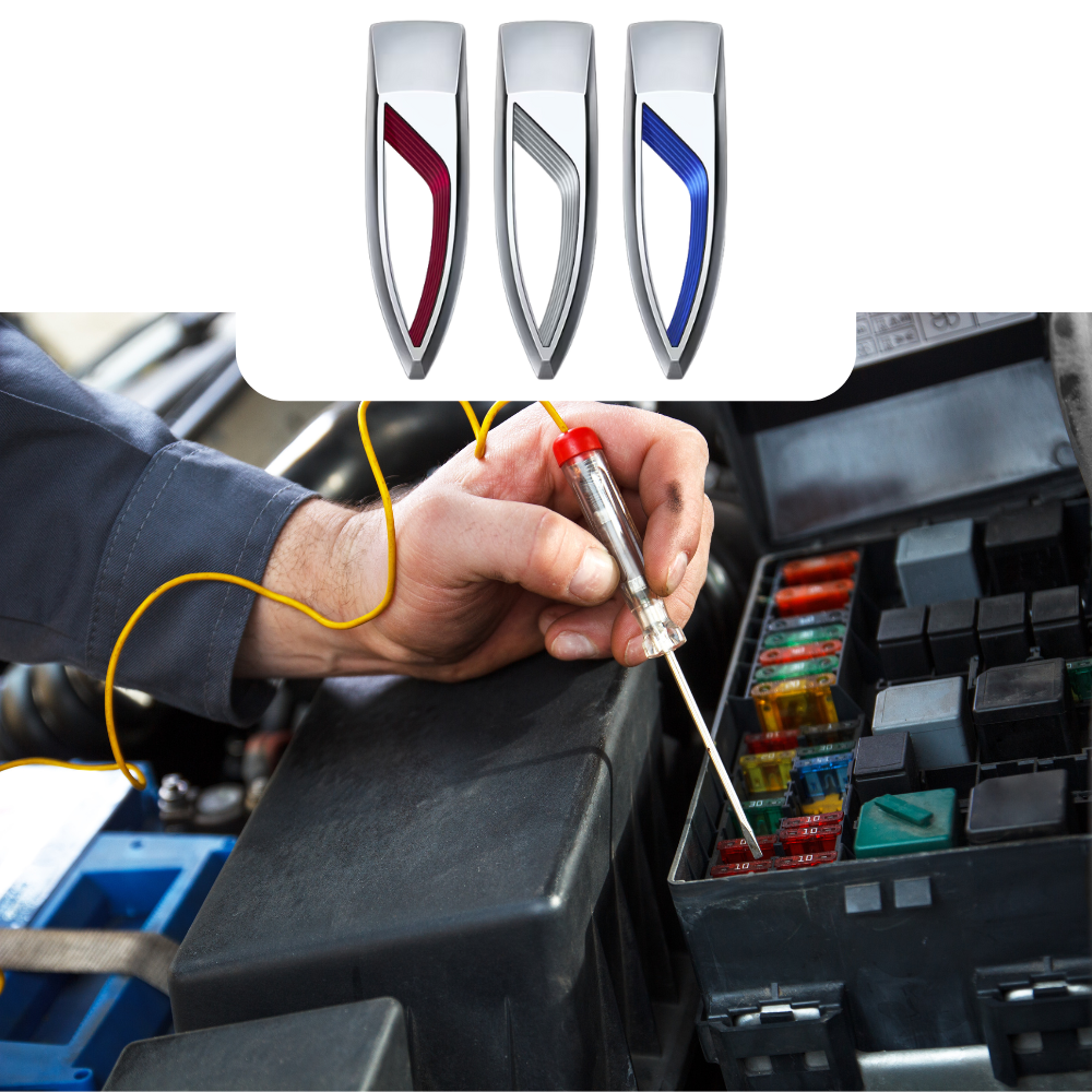 Person working on a car's fuse box with a close-up of a car brand logo above.