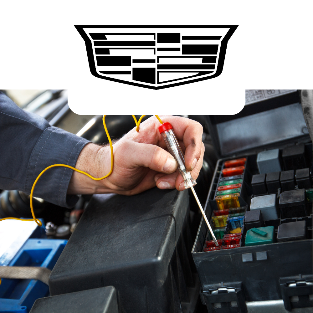 Person working on a car's fuse box with a tool, Cadillac logo above.