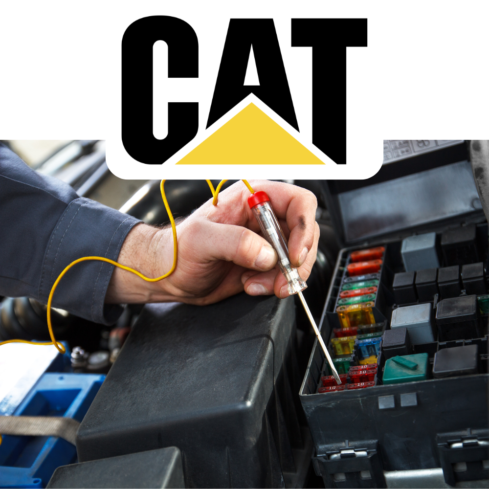 Person working on a vehicle's fuse box with a 'CAT' logo overlay