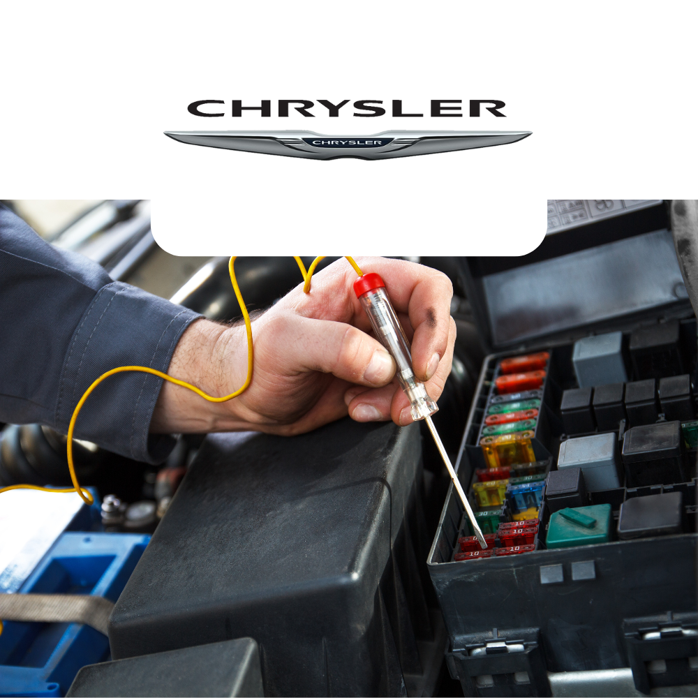 Person working on a car's fuse box with Chrysler logo above