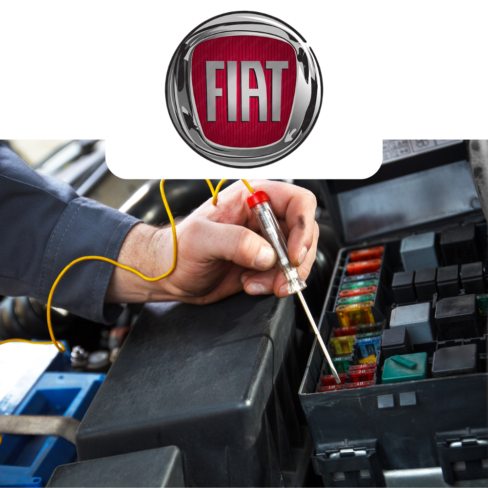 Person working on a car's fuse box with a Fiat logo overlay