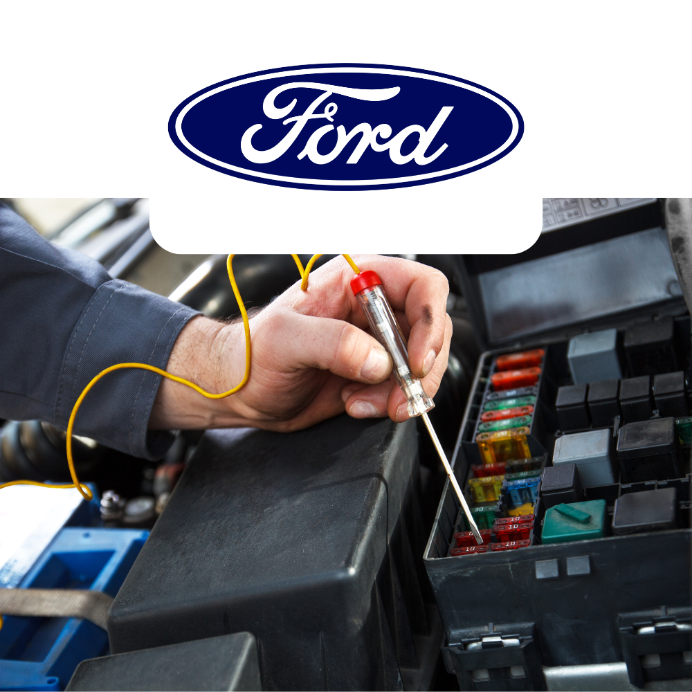 Person working on a car's fuse box with Ford logo above
