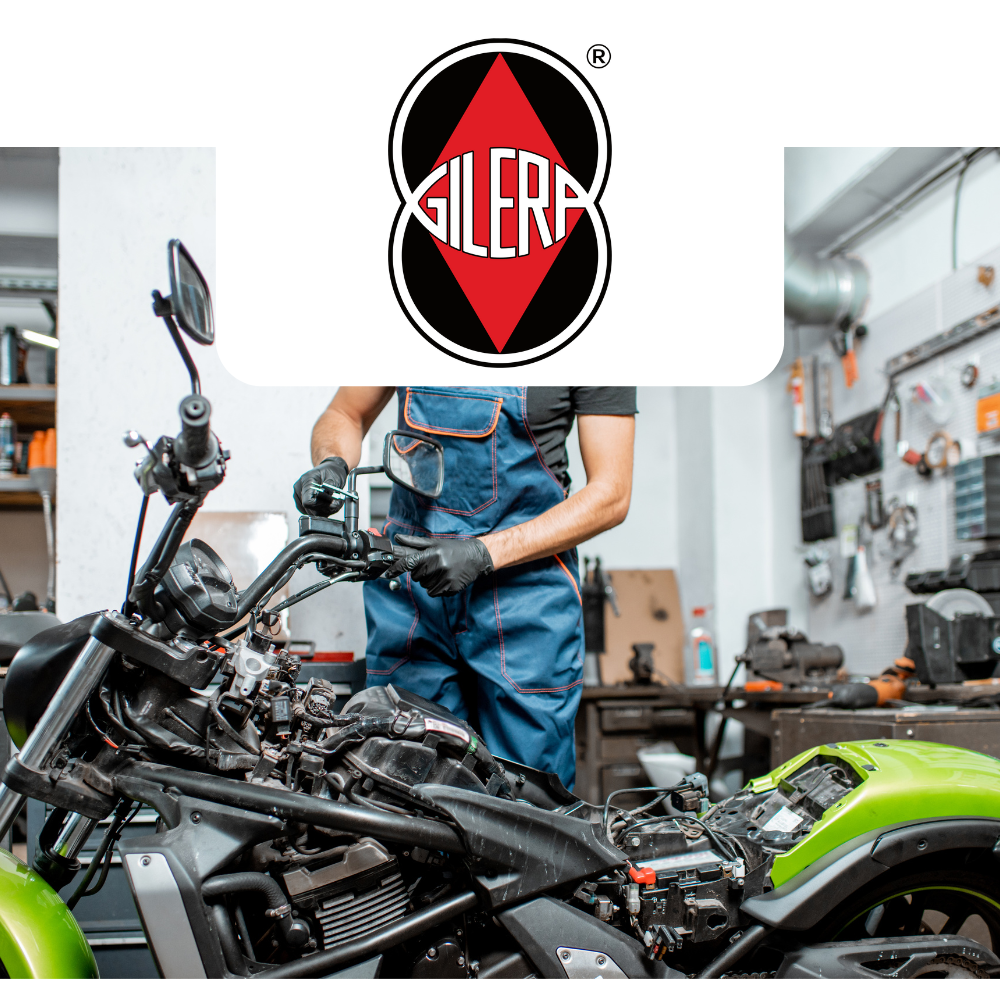 Person working on a motorcycle with Gilera logo overlay