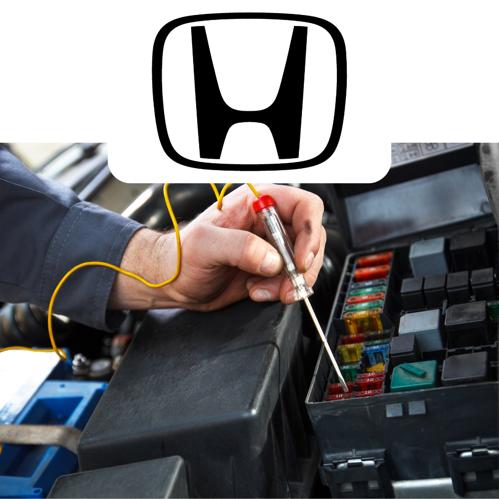 Person working on a car's fuse box with a close-up of a Honda logo above.