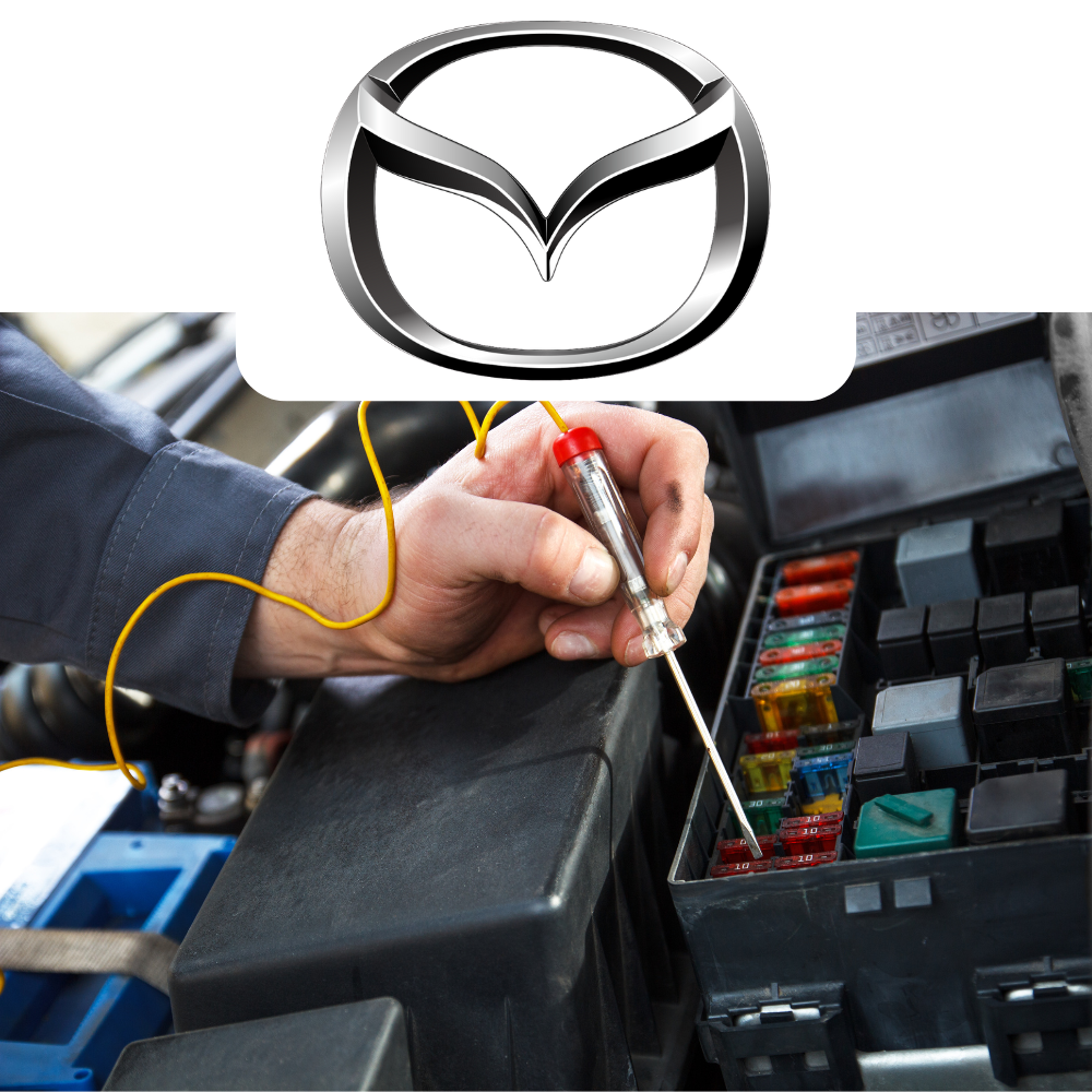 Mazda logo above a person working on a car's fuse box with tools.