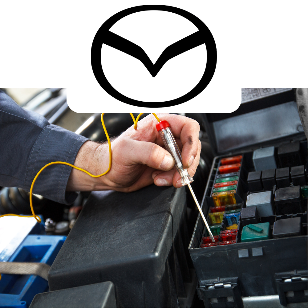 Mazda logo above a person working on a car's fuse box with tools.