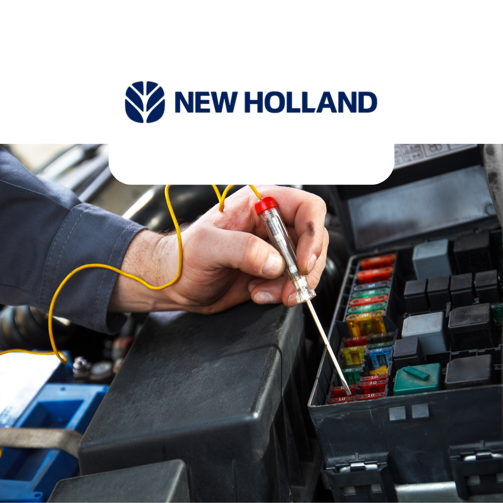 Person working on a vehicle's fuse box with New Holland logo above