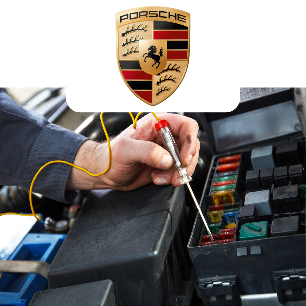 Person working on a car's fuse box with Porsche logo overlay
