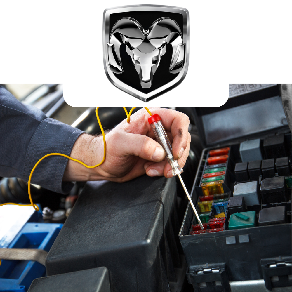 Person working on a car's fuse box with a RAM logo above