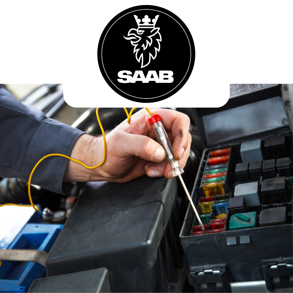Person working on a car's fuse box with a SAAB logo in the background