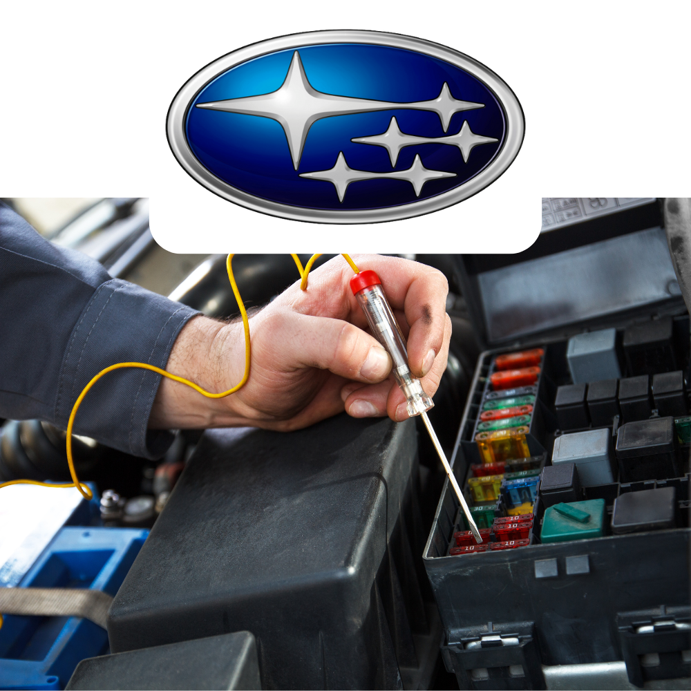 Person working on a car's fuse box with Subaru logo above