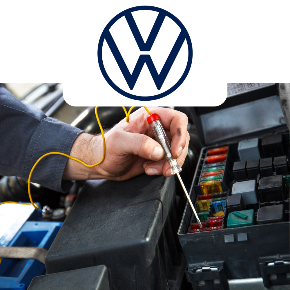Volkswagen logo with a person working on a car's fuse box.
