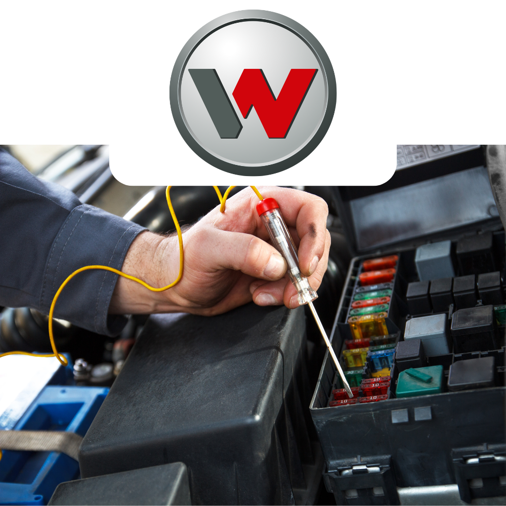 Person working on a car's fuse box with a tool, wearing a blue shirt, and a close-up of a Wacker Neuson logo above.