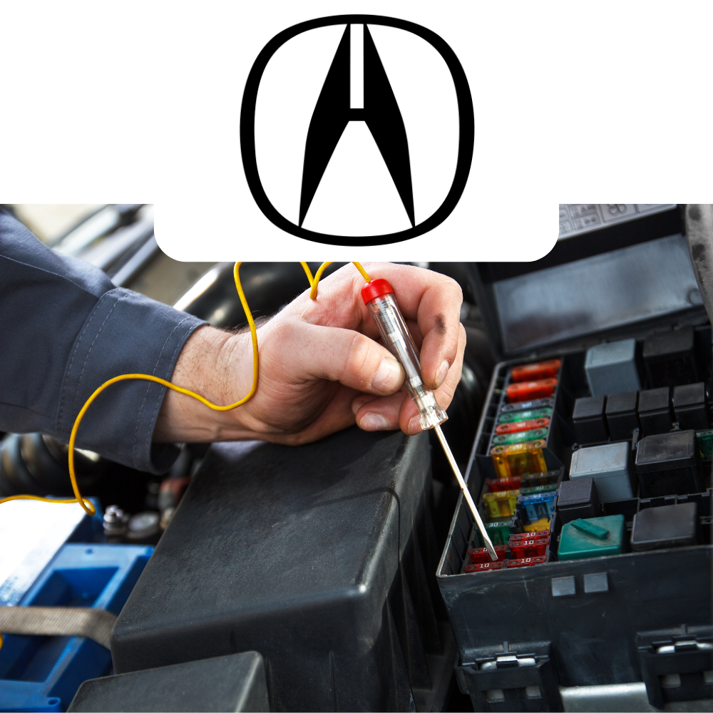 Person working on a car's fuse box with Acura logo above