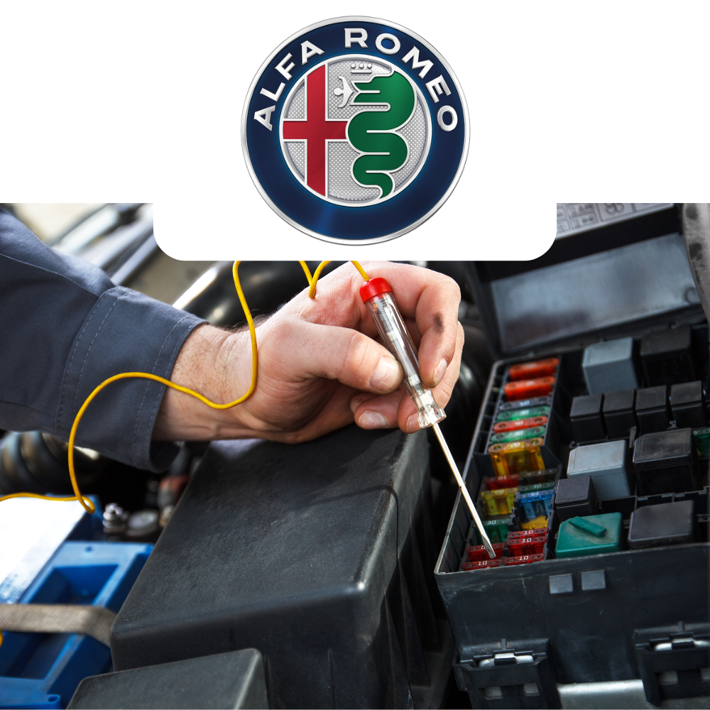 Person working on a car's fuse box with an Alfa Romeo logo overlay