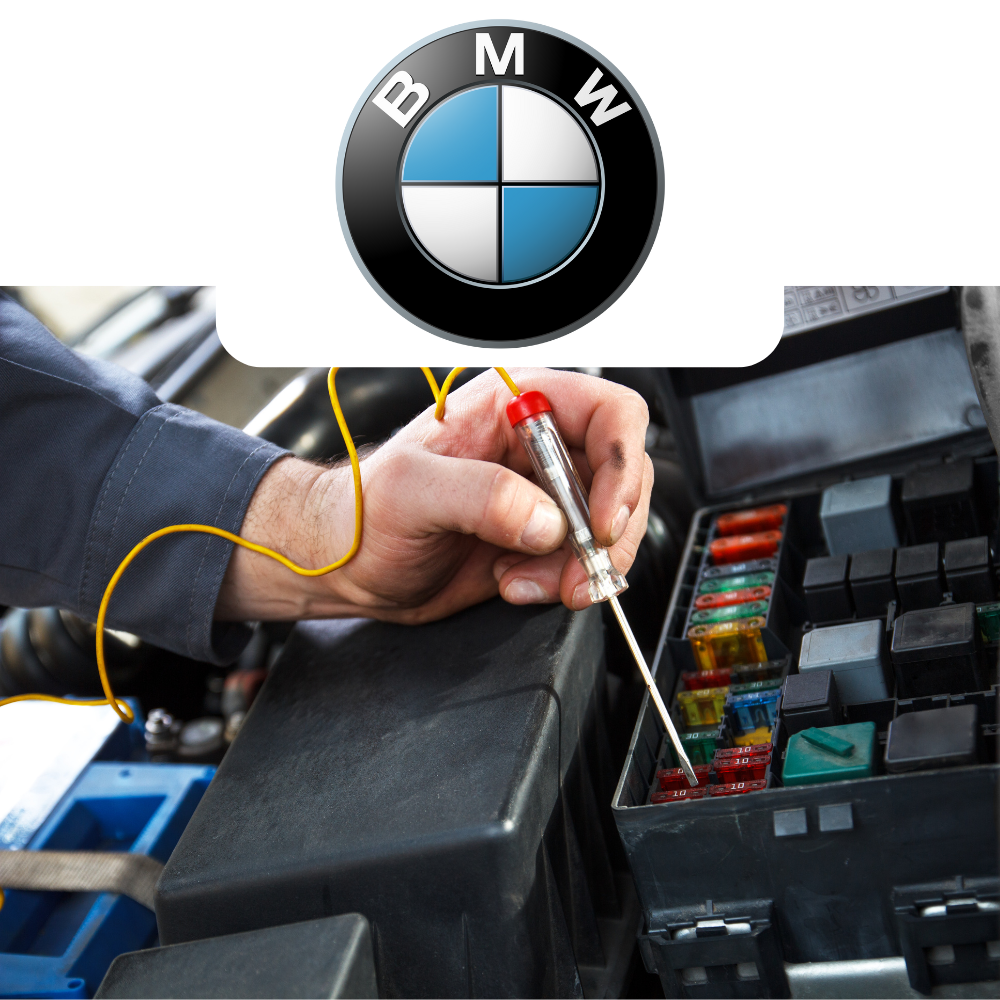 Person working on a car's fuse box with a BMW logo overlay
