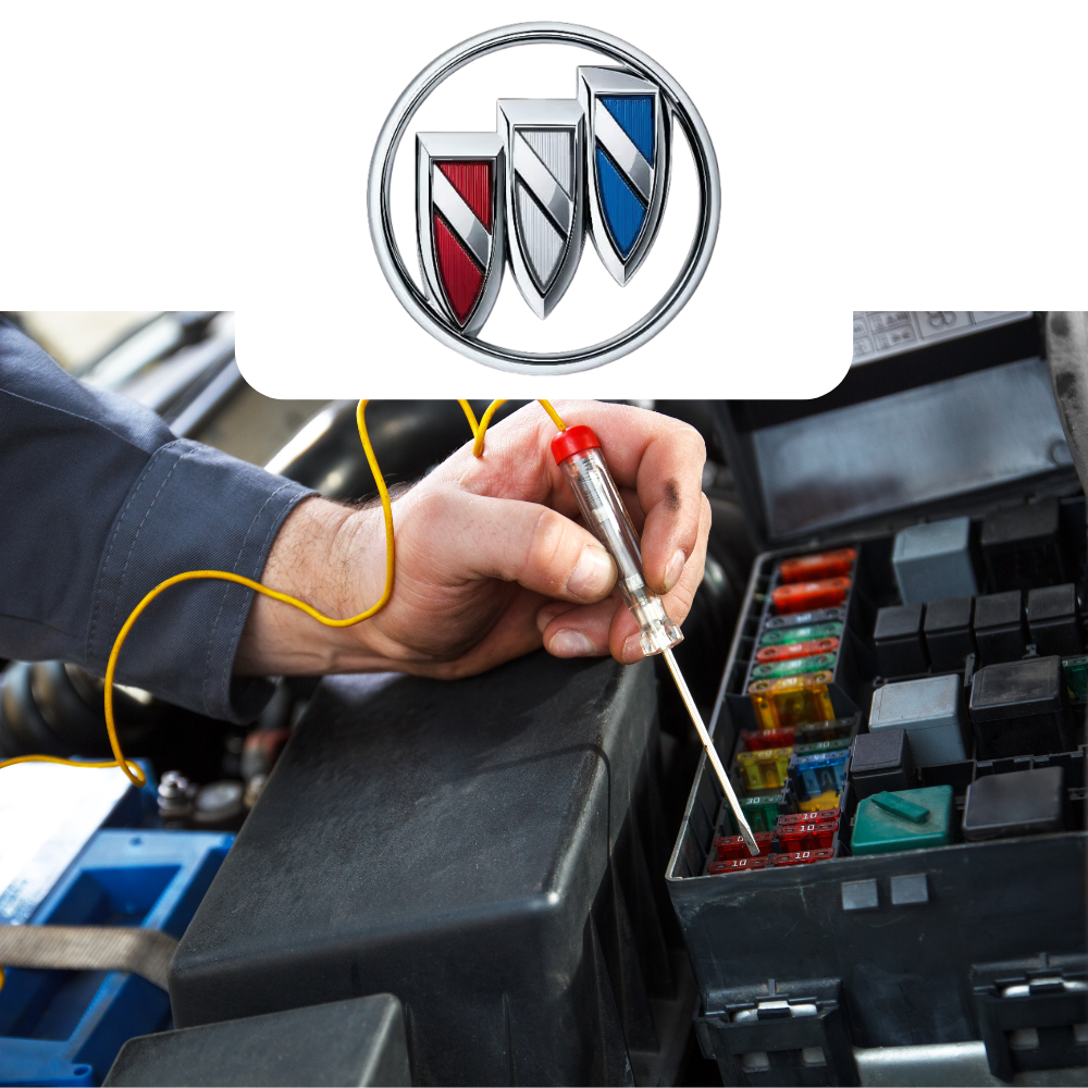 Person working on a car's fuse box with a close-up of a car brand logo above.