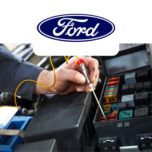 Person working on a car's fuse box with Ford logo above