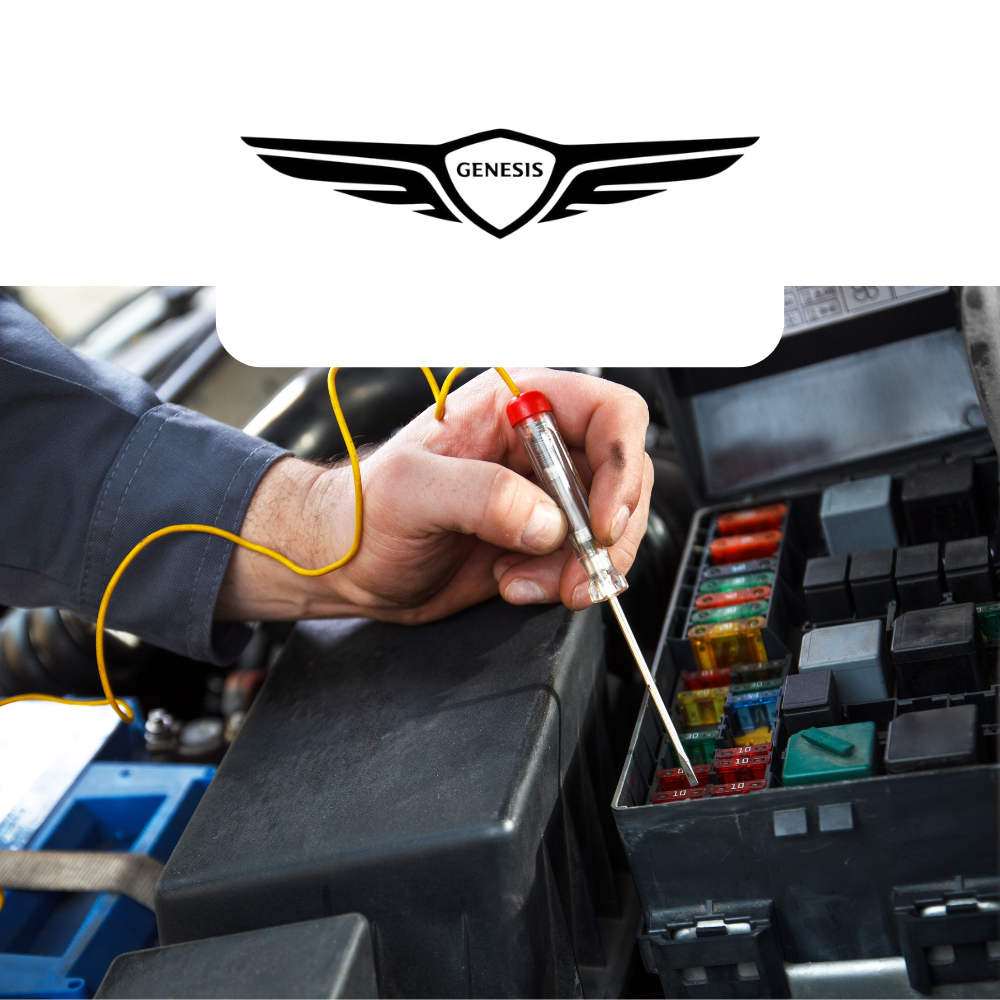 Person working on a car's fuse box with Genesis logo overlay