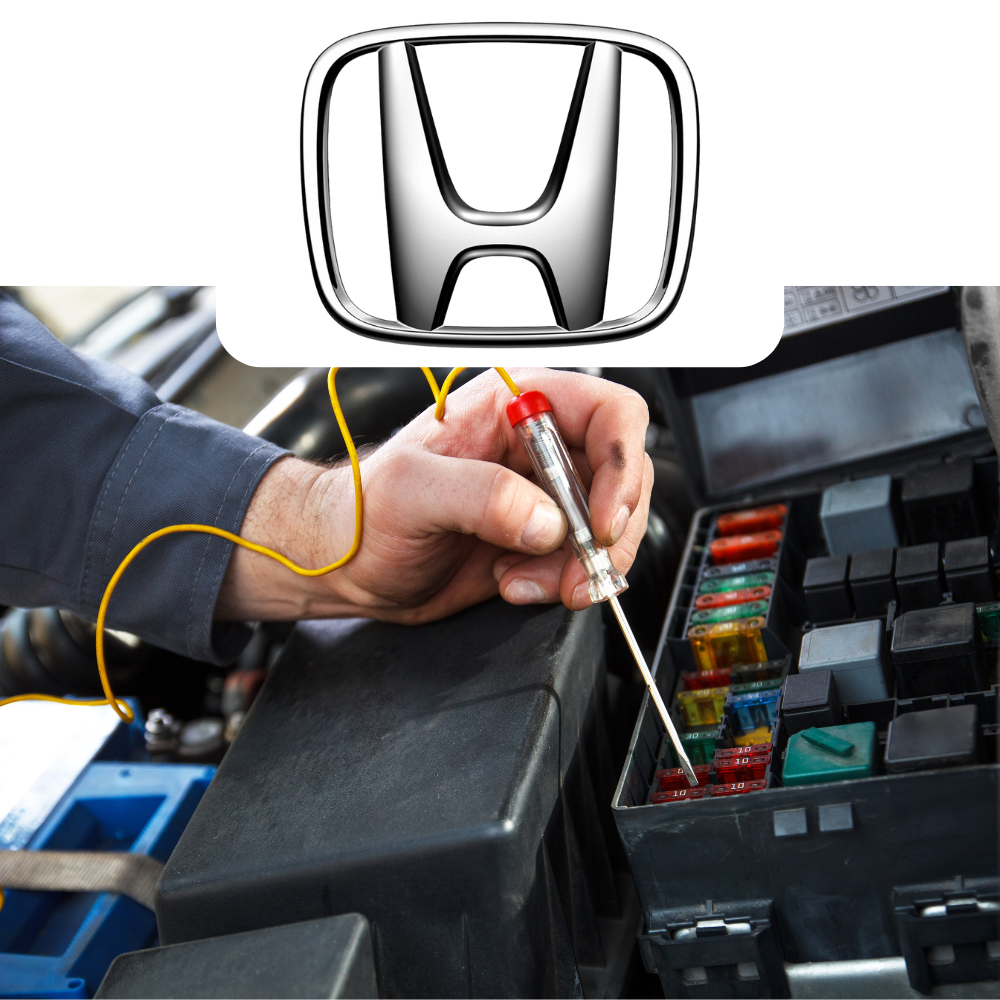 Person working on a car's fuse box with a close-up of a Honda logo above.