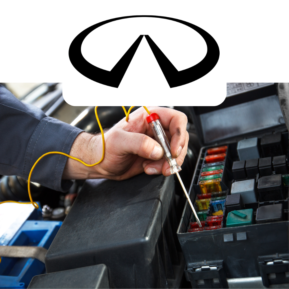 Person working on a car's fuse box with a tool, Infiniti logo above.