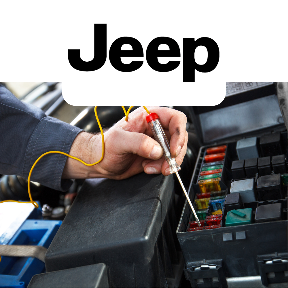 Person working on a car's fuse box with 'Jeep' branding above.