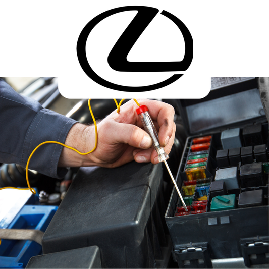 Person working on a car's fuse box with a Lexus logo above