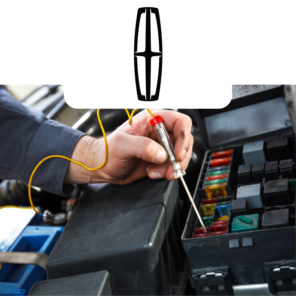 Person working on a car's fuse box with a screwdriver, Lincoln logo above.