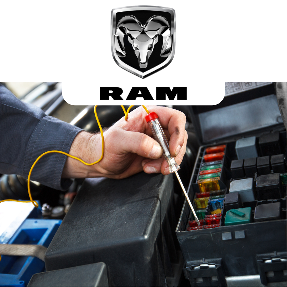 Person working on a car's fuse box with a RAM logo above