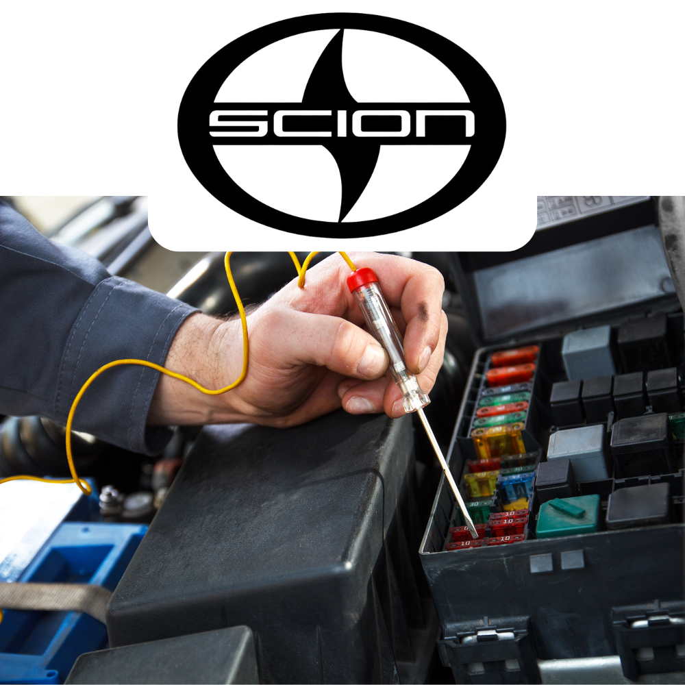 Person working on a car's fuse box with Scion logo above